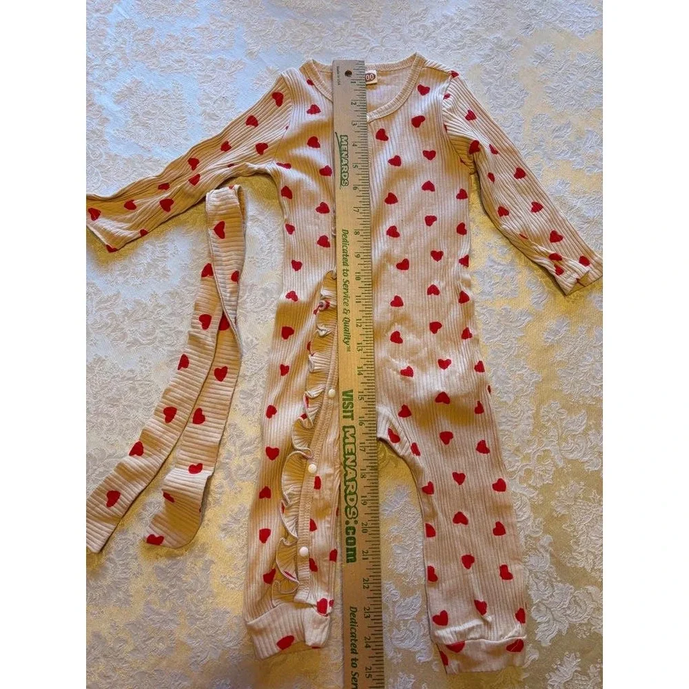 Heart Print Ruffle Romper with Belt, Long Sleeve,‎ Valentine's Day Outfit, 100